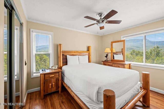 bedroom with dark wood finished floors, multiple windows, crown molding, and baseboards