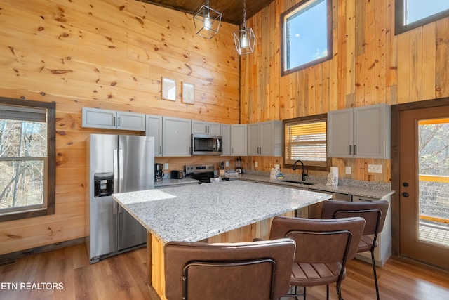 kitchen featuring a sink, wooden walls, appliances with stainless steel finishes, and a center island