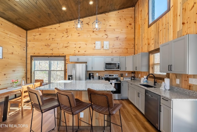 kitchen featuring wooden walls, wooden ceiling, stainless steel appliances, and a sink