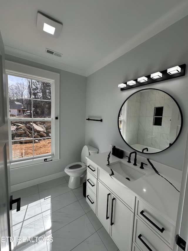 bathroom with visible vents, baseboards, toilet, marble finish floor, and vanity