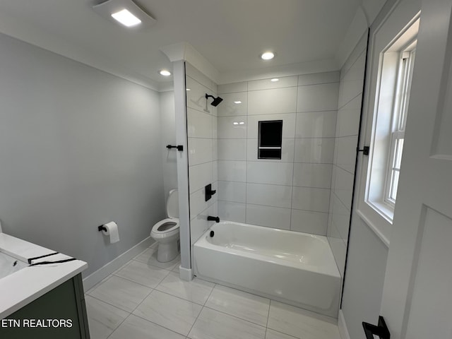 full bath featuring toilet, recessed lighting,  shower combination, baseboards, and vanity