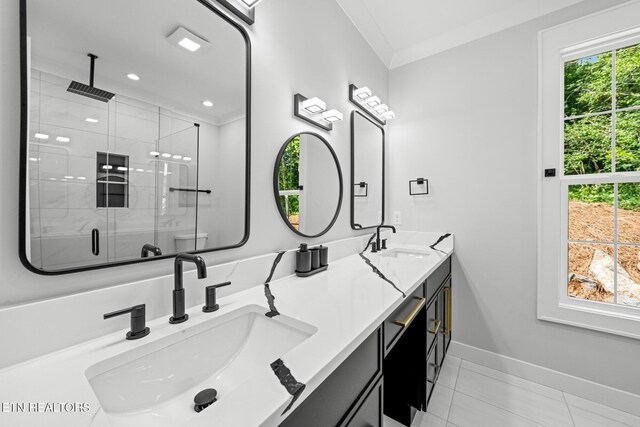 113 Nuhya Way, Loudon, TN 37774 - full bath with a shower stall, double vanity, tile patterned floors, crown molding, and recessed lighting
