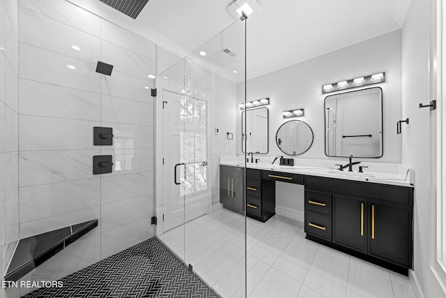 113 Nuhya Way, Loudon, TN 37774 - bathroom featuring a shower stall, double vanity, crown molding, and tile patterned floors