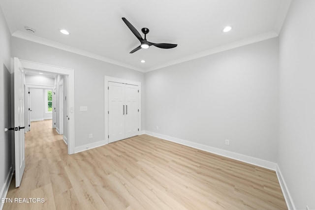 113 Nuhya Way, Loudon, TN 37774 - unfurnished bedroom featuring crown molding, light wood-type flooring, recessed lighting, a closet, and ceiling fan