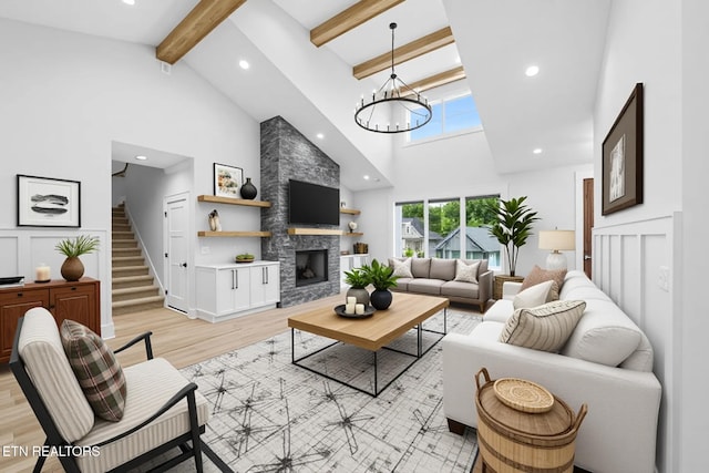 113 Nuhya Way, Loudon, TN 37774 - living room featuring light wood-type flooring, beam ceiling, high vaulted ceiling, a chandelier, and recessed lighting