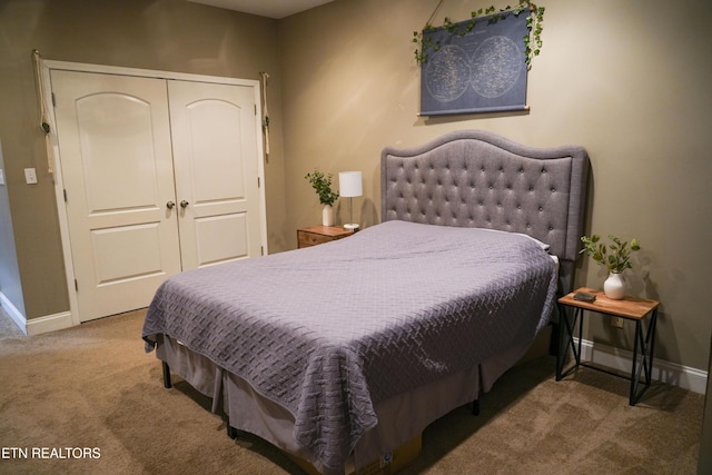 bedroom featuring a closet, baseboards, and carpet