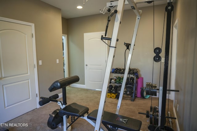 workout room with recessed lighting, baseboards, and carpet flooring