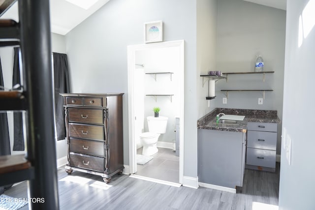 kitchen featuring a sink, baseboards, lofted ceiling, wood finished floors, and open shelves