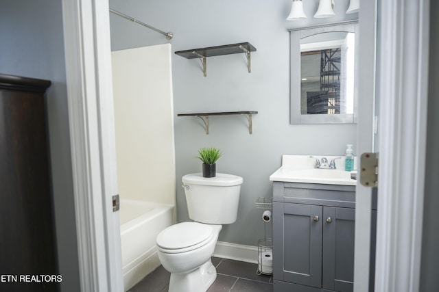 full bathroom with vanity, tile patterned floors, toilet, and baseboards