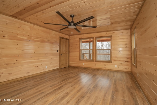 unfurnished room featuring wood ceiling, wood finished floors, and wood walls