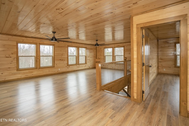 interior space featuring light wood-style flooring, wooden walls, and wood ceiling