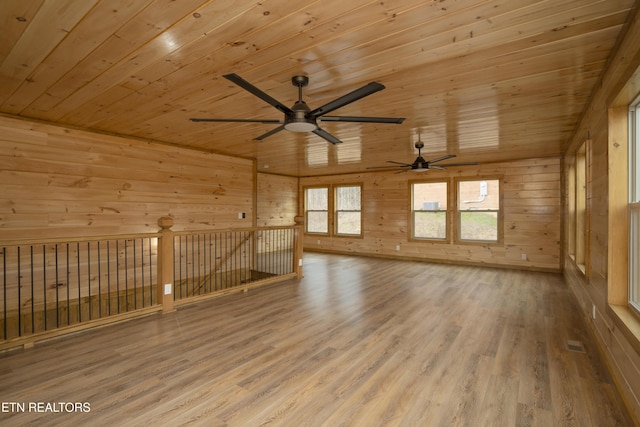 spare room with wooden walls, wooden ceiling, visible vents, and wood finished floors