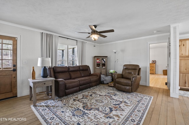 living area featuring crown molding, a textured ceiling, light wood-style floors, and ceiling fan