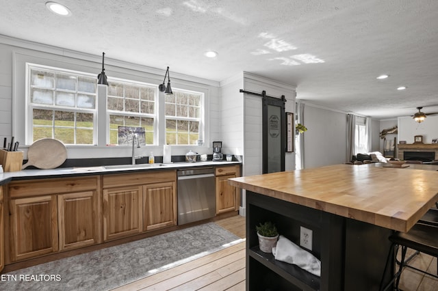 kitchen featuring light wood-type flooring, butcher block countertops, a sink, a barn door, and dishwasher