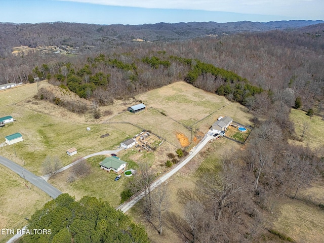 bird's eye view with a view of trees and a rural view