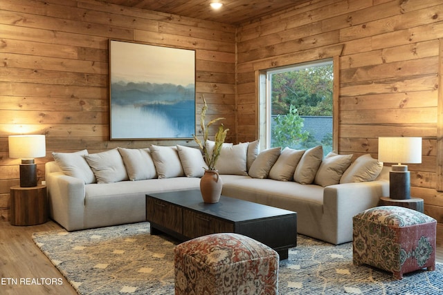 living area with wooden ceiling, wooden walls, recessed lighting, and wood finished floors