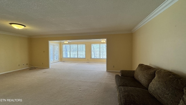 living area featuring crown molding, light colored carpet, and baseboards