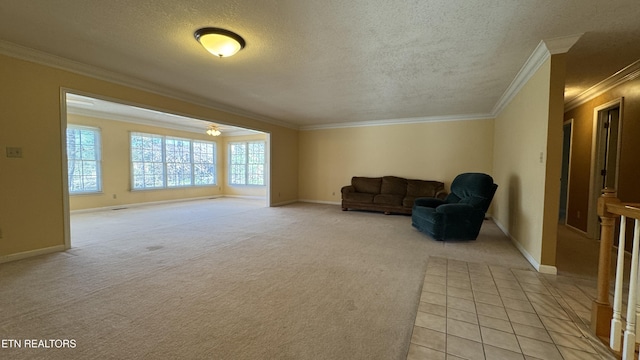 living area with light carpet, a textured ceiling, and ornamental molding