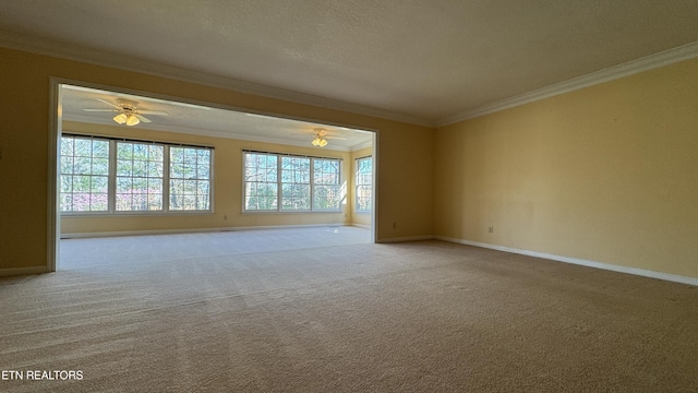 carpeted spare room featuring crown molding, baseboards, a textured ceiling, and ceiling fan