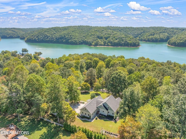 aerial view featuring a water view and a wooded view