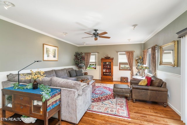 living room featuring ceiling fan, wood finished floors, and ornamental molding