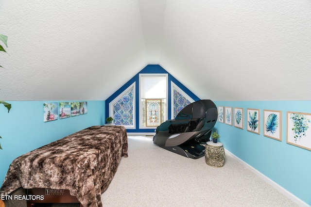 carpeted bedroom with vaulted ceiling, baseboards, and a textured ceiling