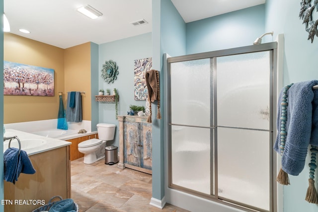 bathroom featuring visible vents, toilet, a stall shower, and vanity