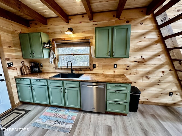 kitchen with stainless steel dishwasher, green cabinets, and butcher block counters