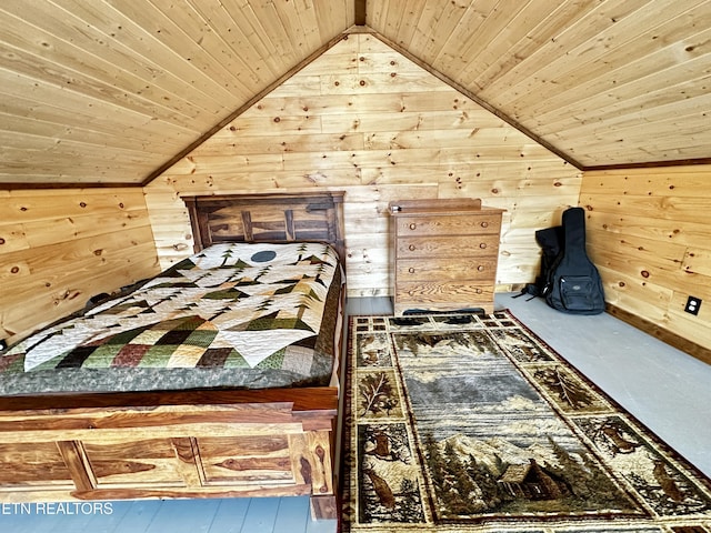 unfurnished bedroom with lofted ceiling, wooden walls, and wooden ceiling