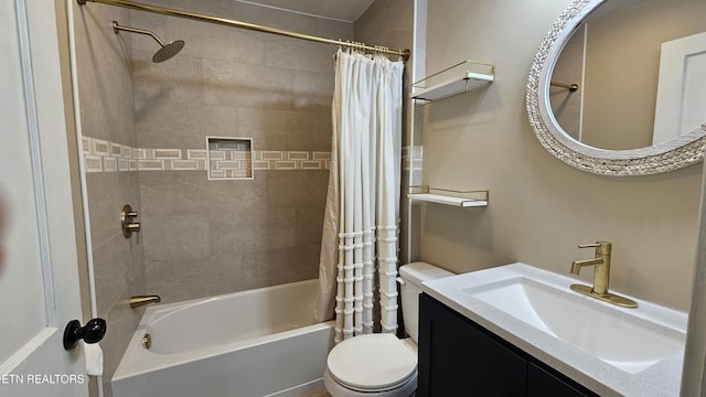 bathroom featuring shower / bathtub combination with curtain, toilet, and vanity