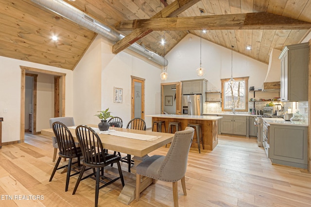 dining space with beamed ceiling, light wood-style floors, wood ceiling, and high vaulted ceiling