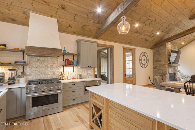 kitchen featuring wood ceiling, gray cabinets, high end stainless steel range oven, wall chimney exhaust hood, and open shelves