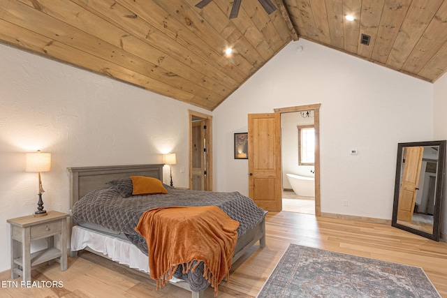 bedroom with high vaulted ceiling, wood ceiling, and light wood-type flooring