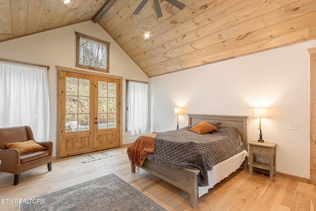 bedroom featuring access to exterior, french doors, wood ceiling, and light wood finished floors