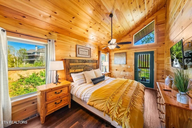 bedroom featuring wooden walls, wood ceiling, dark wood-type flooring, and lofted ceiling