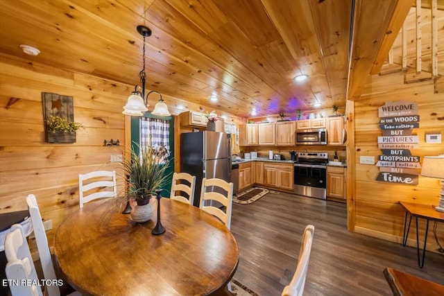 dining area with wood ceiling, wood walls, and dark wood-style flooring