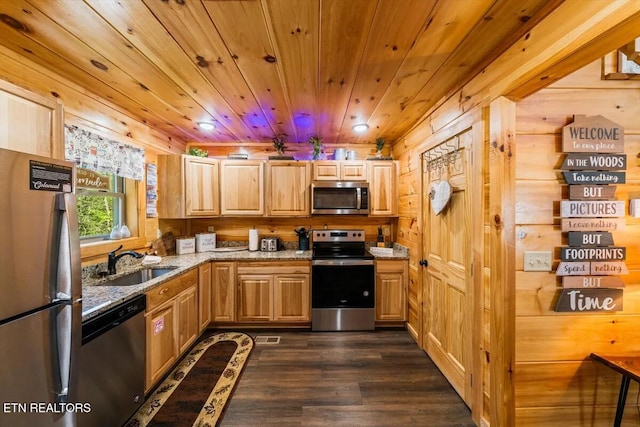 kitchen with dark wood-type flooring, a sink, stainless steel appliances, wooden ceiling, and light stone countertops