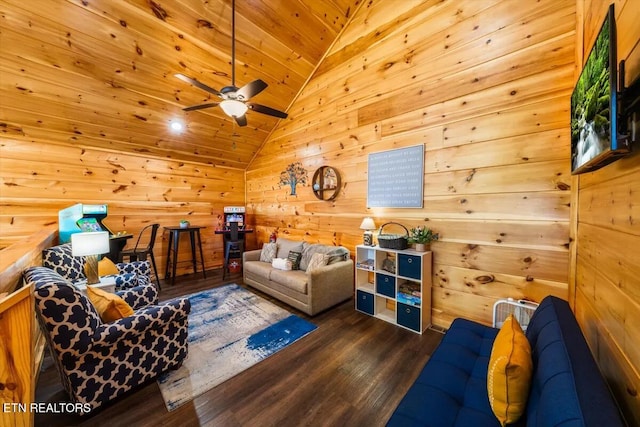 living area with wood finished floors, lofted ceiling, ceiling fan, wood ceiling, and wood walls