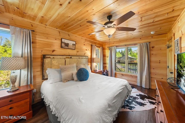 bedroom with wooden ceiling, wooden walls, and dark wood-type flooring