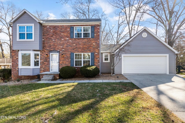 view of front of house with a front lawn, a garage, brick siding, and driveway