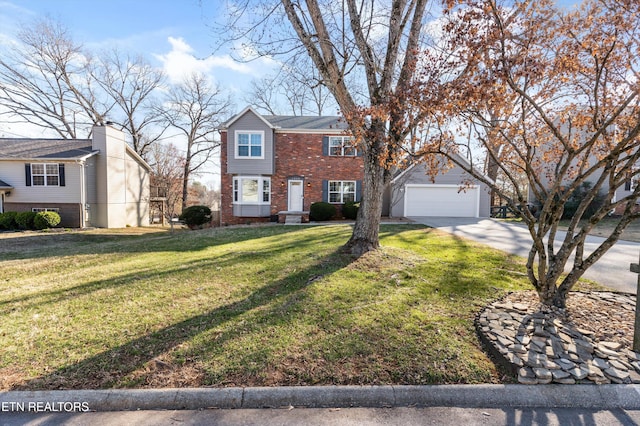 view of front of home featuring a front yard, brick siding, and driveway