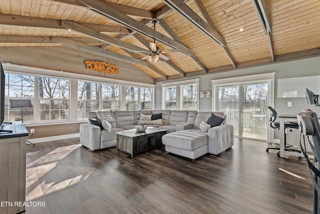 living area with dark wood finished floors, wooden ceiling, lofted ceiling with beams, and a ceiling fan