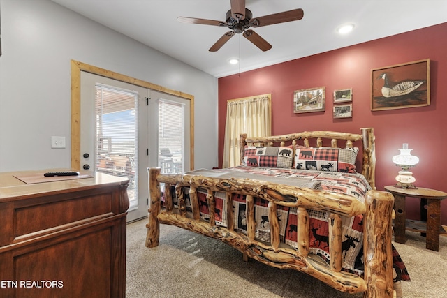bedroom with ceiling fan, light colored carpet, access to exterior, and recessed lighting