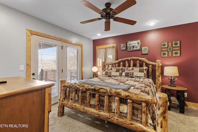 bedroom with access to exterior, recessed lighting, carpet, baseboards, and ceiling fan