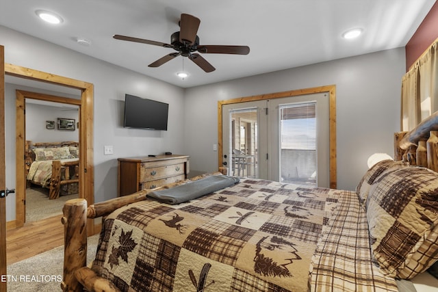 bedroom with recessed lighting, ceiling fan, light wood-style floors, and access to outside