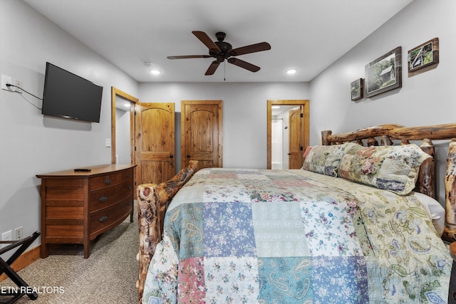 carpeted bedroom with recessed lighting, ceiling fan, and baseboards