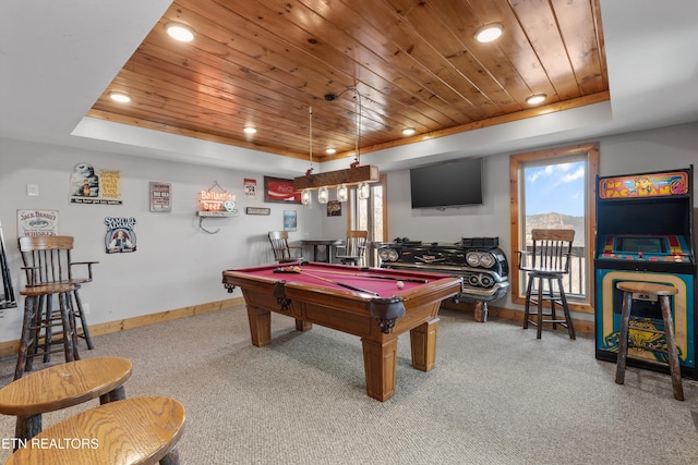 playroom with a tray ceiling, billiards, wood ceiling, and recessed lighting