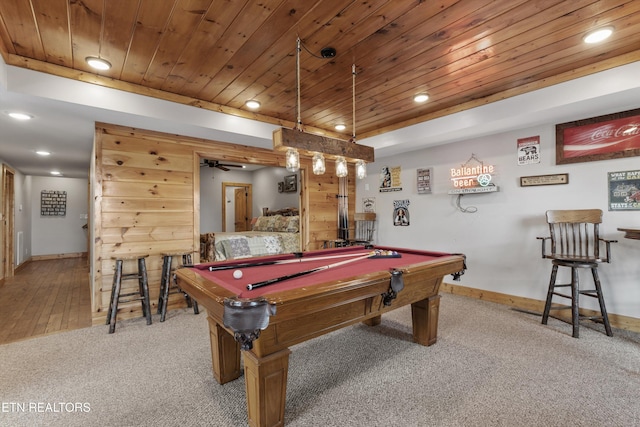 recreation room featuring pool table, carpet, recessed lighting, and wood ceiling