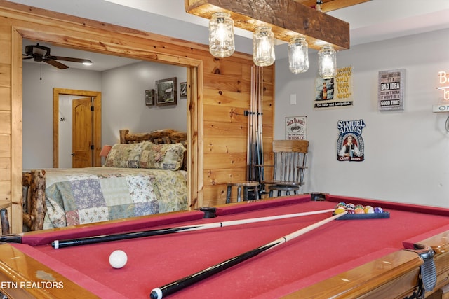 game room with pool table and ceiling fan