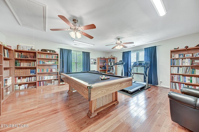 playroom featuring a wealth of natural light, attic access, billiards, and light wood-style floors